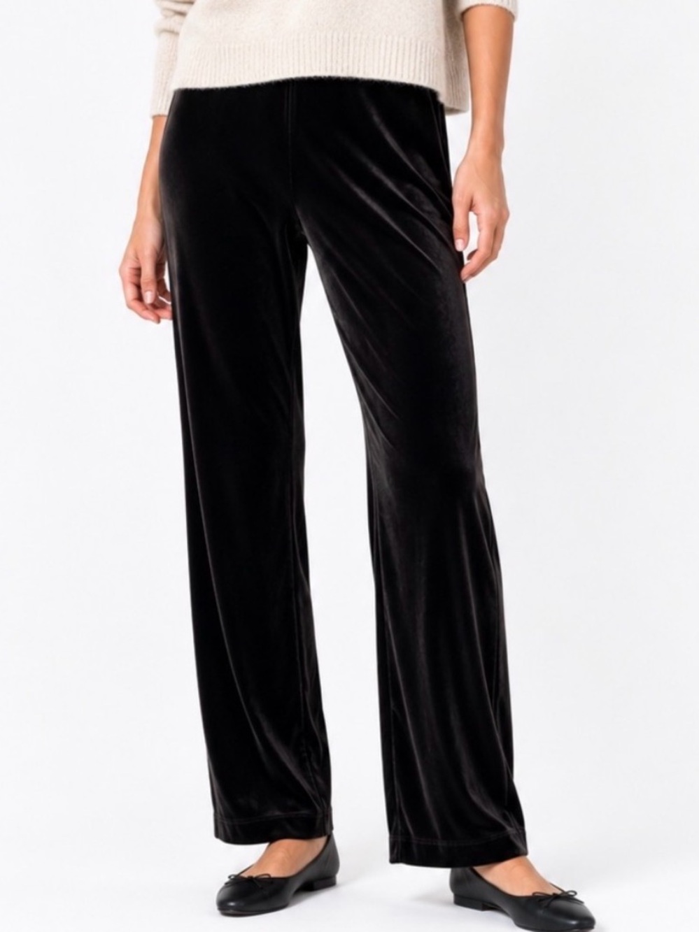 Lands’ End Black Velvet Pull-On Straight Leg Pants Women’s Large 14-16 Stretch